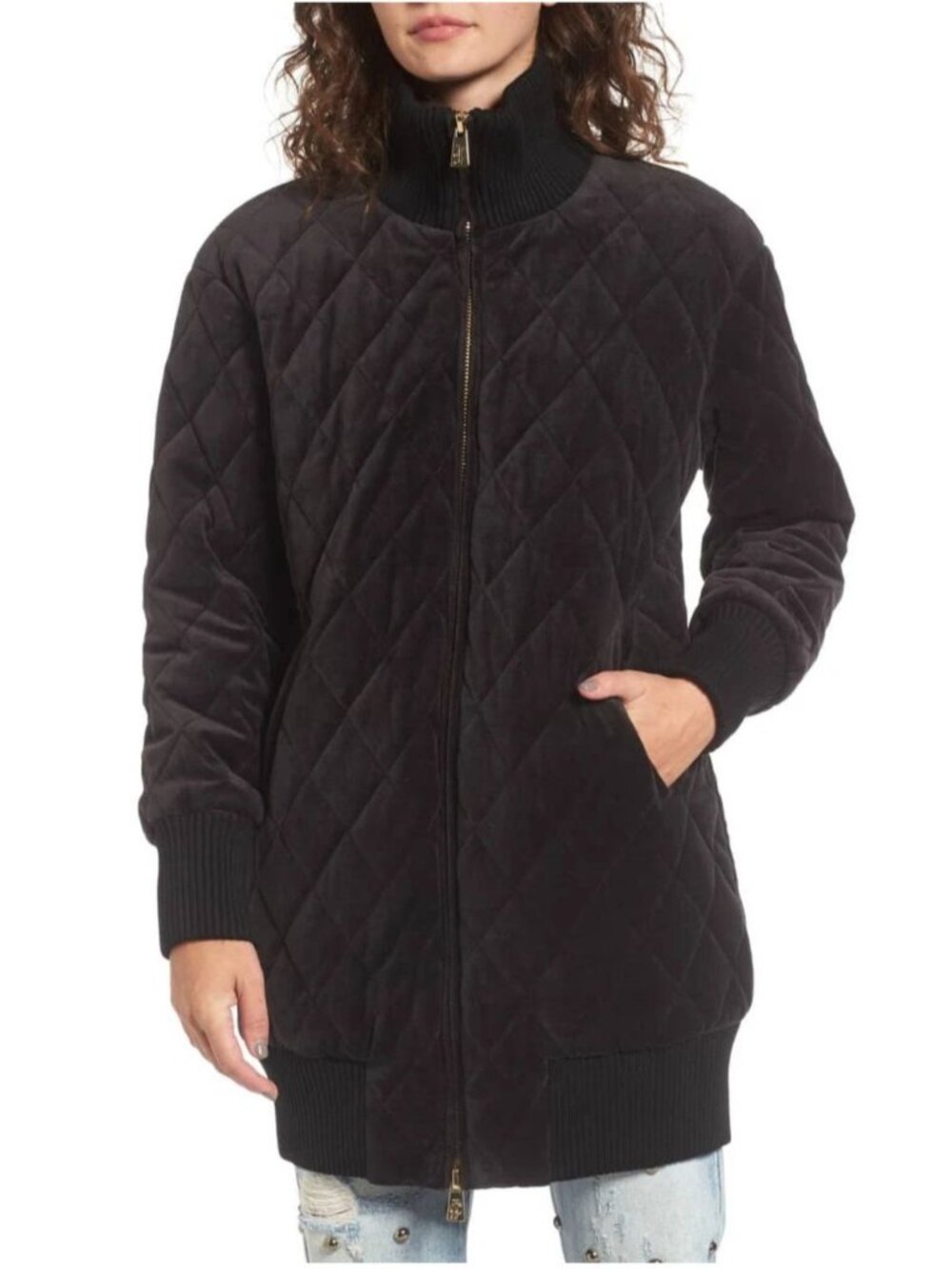 Juicy Couture Black Label Pitch Black Velour Quilted Puffer Coat Womens Sz Large